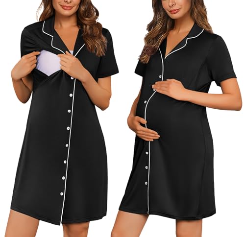 Image of Ekouaer Labor and Delivery Gown for Women, Maternity Hospital Gowns with Button Short Sleeve Nursing Nightgown Pajamas Dress