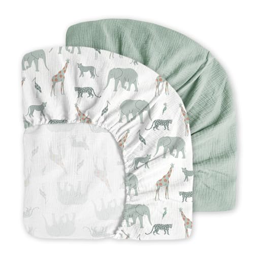 Image of Little Grape Land Muslin Crib Sheets Fitted for Boys and Girls 2 Pack, 100% Cotton Baby Bed Sheets Soft Breathable, Neutral Fitted Baby Mattress Sheets for Standard Crib 52x28, Safari
