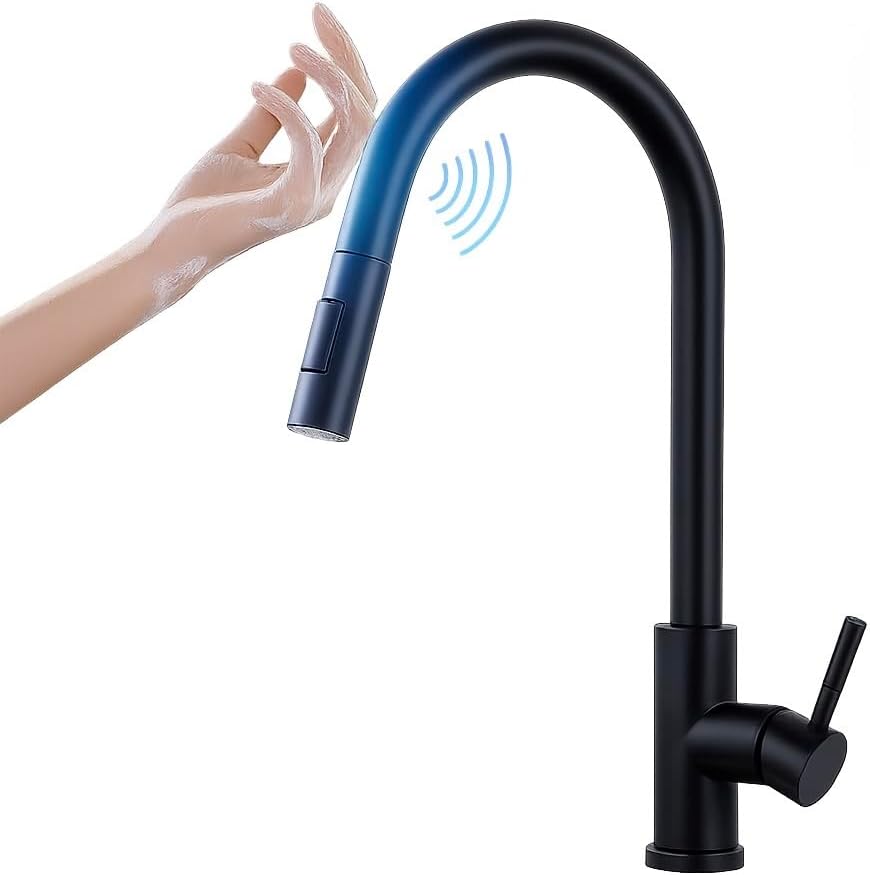 Smart Kitchen Faucet with Pull-Down Sprayer, Single Handle Pull Down Touch-On Kitchen Faucet with Touch-Activated Surfaces, Stainless Steel Kitchen Sink Faucet, (Black)