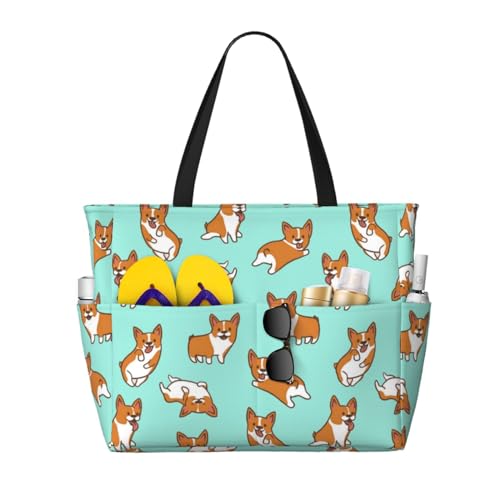 Sac de plage Corgi pour femme : grand sac fourre-tout à bandoulière imprimé chien