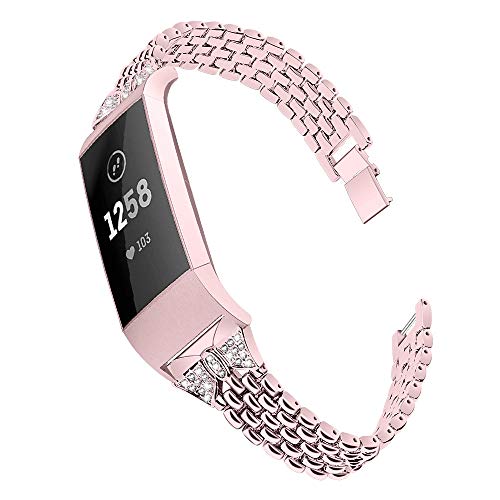 Armband für Fitbit Charge 3, Miya Damen Edelstahl Ersatz Uhrenarmband Stainless Steel Metal Wristband Strap Strass Metallarmband für Fitbit Charge 3/4
