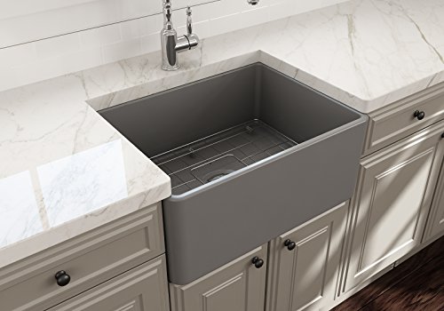 Bocchi Classico Farmhouse Apron Front Fireclay 24 In. Single Bowl Kitchen Sink With Protective Bottom Grid And Strainer In M.gray #TOP6