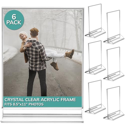 pbf 8.5x11 Acrylic Picture Frame Display Stand | 8.5 x 11 Vertical Clear Acrylic Sign Holder | Silver Photo Frame for Table Sign, Tabletop Wedding Sign, Menu, QR Code (6-Pack)