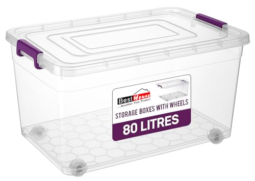 BH | 80L - Large Plastic Storage Box with Lids on Wheels | Pack of 1 | Heavy Duty | Stackable Clear Boxes |Containers Use for Home, office, Kitchen, Toys and Goods (80 Litres) - By BEST HOUSE