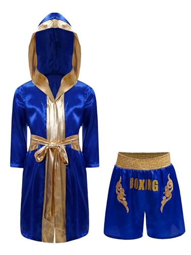 TiaoBug Ragazzi Costume Pugile Campione del Mondo Mantello da Boxe Cappotto da Kickboxing con Cappuccio Hooded Boxing Robe + Shorts Pantaloncini Muay Thai Costume Carnevale Blu reale 11-12 anni
