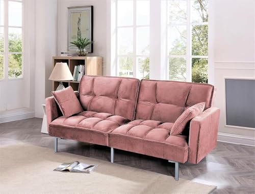 Container Furniture Direct Regal 75.6" Velvet Convertible Sofa Bed - Mid-Century Sleeper Couch w/Tufted Design & Metal Legs - Pull-Out Futon for Guests/Home (75.6" W x 34.6" D x 32" H), Rose