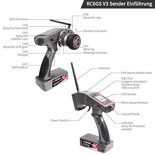 Radiolink RC6GS V3 7-Kanal-RC-Fernsteuerung mit Empfänger-Set und R7FG-Gyro-Empfänger, 2,4-GHz-RC-Fernbedienung mit 600-m-Reichweite, RC-Fernbedienung mit und Empfänger-Set für RC-Autos/Boote