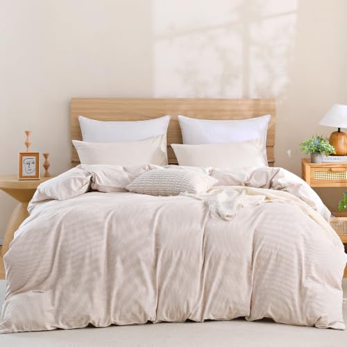 Image of TOCOMOA Brown Striped Duvet Cover Bedding Set 100% Washed Cotton Like Linen Feel Super Soft Comfy 3 Piece Tan Pinstriped Fall Comforter Cover Set (King 104 inchx90 inch, Comforter Not Included)