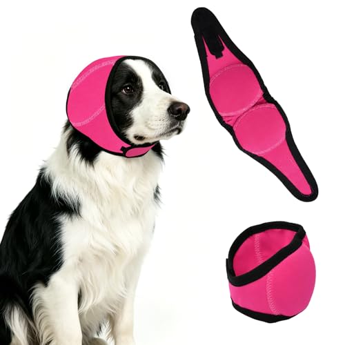 Image of Dog Ear Cover for Anxiety Relief & Hematoma, Bathing, Drying, Swim, Adjustable No Shake Ear Wrap for Noise Protection, Firework, Grooming (Fuchsia, M(Head Size:14 inch-19 inch))