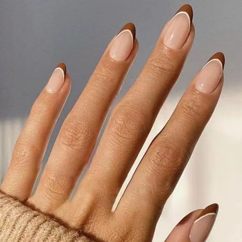 24pcs Almond Press on Nails Fall Short Fake Nails Brown White French Tip False Nails with Solid Color Designs Full Cover Glossy Acrylic Glue on Nails for Women Manicure DIY Decorations
