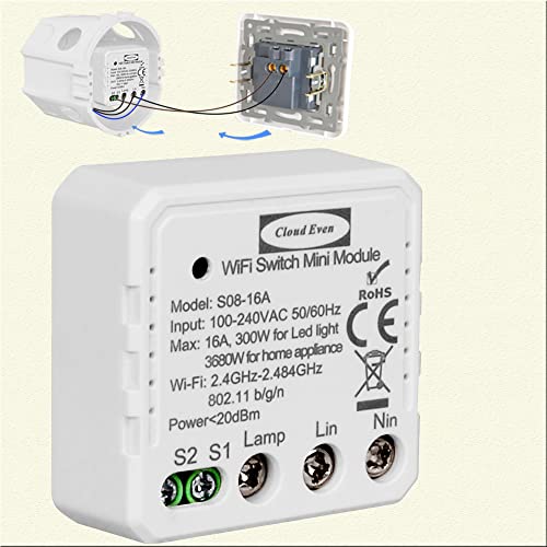 Cloud Even Interruptor de relé WiFi inteligente, neutral, Desviador inalámbrico inteligente conmutador modul,oper convertir un interruptor de pared en uno inteligente, compatible con Alexa 16A