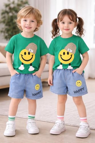 Image of Bold N Elegant Half Sleeve Pure Cotton Baby Boy Girl 3D Cartoon Smiley Animals T-Shirt with Denim Shorts Smart Casual Outfit for Infant Toddler Kids Upto 5 Years