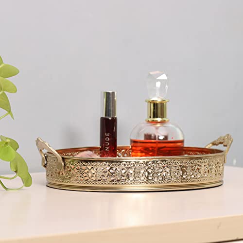 Image of Craft Brio -A TRENDY HANDICRAFTS Oval Glass Mirror Gold Plated Serving Tray with Handmade Handles Decorative Vanity Perfume Storage Pooja Wedding Gifting Trays (28 X 16 cm)