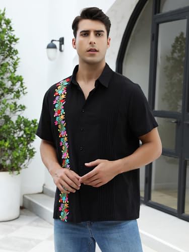 Mexican Shirts for Men Guayabera Embroidered Traditional Fiesta Button Up Collared Short Sleeve Shirt4