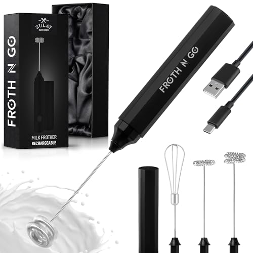 Zulay Froth N Go Milk Frother – Rechargeable 3-in-1 Handheld Frother Wand with Travel Case & USB-C Charger – Single, Double & Egg Whisk for Latte, Cappuccino, Matcha, Protein Shakes – Black