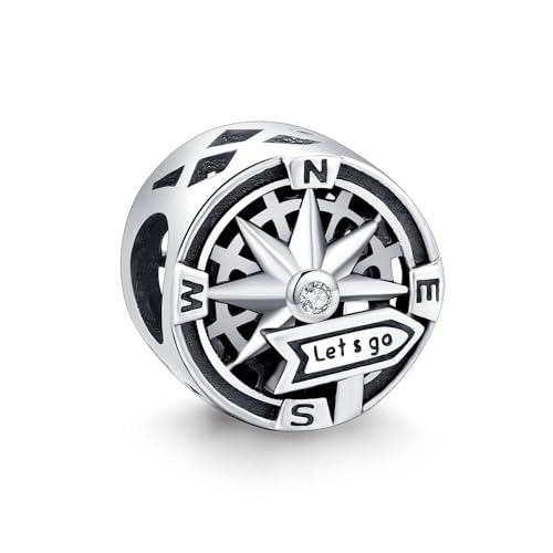 KEQ LET'S GO Travel Compass Charm Fit for Pandora Moment Bracelets 925 Sterling Silver Adventures Backpack Airplane Bead Charm Gift for Women