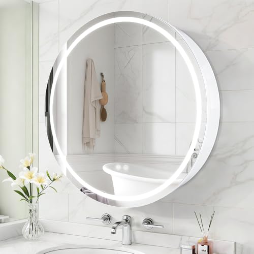 Janboe Round Medicine Cabinet with Light,3 Color Temperature,Dimmer,Defogger,32inch,White