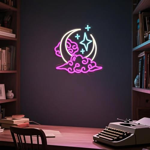 Image of Moon and Stars Neon Sign | Pink White Blue LED Wall Light, Dreamy Aesthetic Night Light for Girls Bedroom, Dorm, Nursery Decor, 13.4 inchx13.4 inch, USB Powered