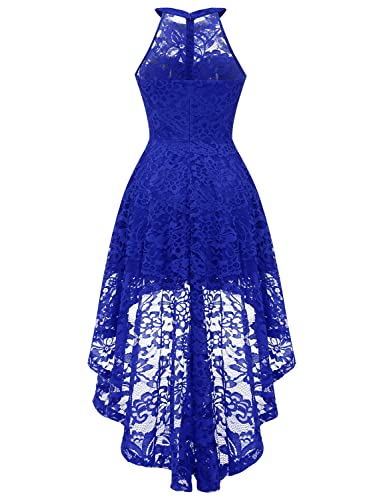 Image of Dressystar Women's Halter Lace Cocktail Wedding Guest Dress Hi-Lo Bridesmaid Party Dresses with Sheer Neckline