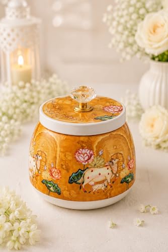 Image of Decorative Dry Fruit Jar with Lid | pichwai jar | 4 Inch kamdhenu Printed Jar for Dry Fruits, Mukhwas, Candy, baby shower housewarming wedding Return Gift | Premium Golden Cow Lotus Print (Yellow)