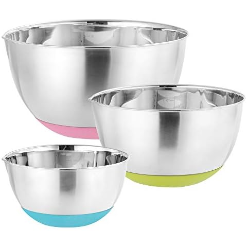 3 Piece Stainless Steel Mixing Bowl with Pouring Spout, Non Slip Silicone Bottom & Measuring Guide Marking, Nesting Metal Bowl Set for Baking Cooking Preparing Salad Bowl- 1.5L/3L/5L Cover