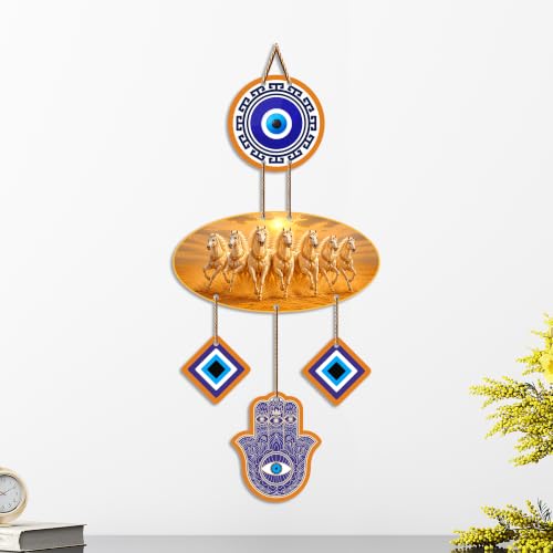 Image of Artvibes Seven Running Horses Evil Eye Wall Hanging for Home Entrance Door Decor | Vastu Feng Shui Lucky Horses Wall Art with Nazar Battu Protection for Wealth Success Prosperity (WH 85131N)
