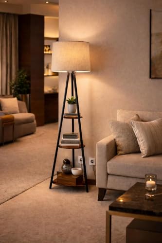 Image of Floor Lamp with Wooden Shelf, Warm White Light, Linen Fabric Shade, Storage Display Design for Living Room, Bedroom and Reading Areas