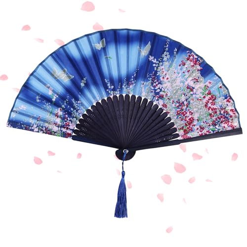 Alaoo Abanico Plegable de Mano Clásico con Borlas Decoración para Boda, Actuación, Festival, Flor - Regalo de Verano Azúl