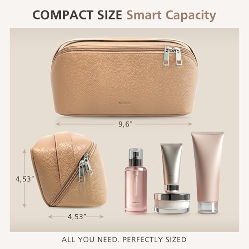 MELINE Travel Makeup Bag – Large Capacity Cosmetic and Toiletry Organizer with Divider and Handle, Waterproof Flat-Open Design, Portable Pouch for Women (Taupe)4