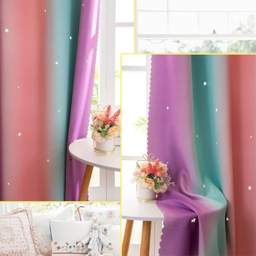 Image of Yancorp Curtains for Girls Bedroom Kids Curtain Hollow-Out Star Window Nursery Curtain 72 inches Length Room Darkening Grommet 2 Layers (Green Pink Purple, W52 X L72)