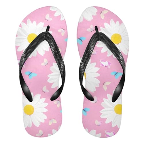 Butterfly Flowers Pink Flip Flops for Beach Thong Sandals Anti-slip Lightweight Shower Shoes for Indoor Outdoor House