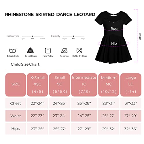 Phineein Girls Short Sleeve Ballet Dance Dress Kids Athletic Rhinestone Hollow Back Gymnastics Leotards With Skirt (7-8 Years, Black) #TOP6