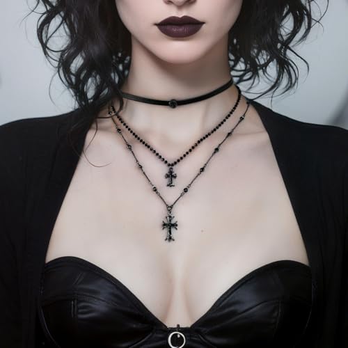 Layered Halloween Cross Necklace - Triple Layer Gothic Necklace with Black Leather, Beaded Chain Cross Pendants Grunge Vampire Jewelry Gifts2