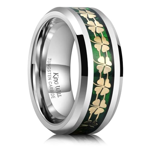 King Will 8mm Tungsten Clover Wedding Band for Men Gunmetal Ring Shell Plated Four Leaf Clover Inlay High Polish Beveled Edge Engagement Rings Comfort Fit Size 7-14