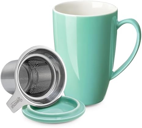 Sweese 15oz Porcelain Tea Mug with Infuser and Lid – Microwave Safe, Ergonomic Handle, Lead-Free Glaze, for Loose Leaf Tea Mint Green;
