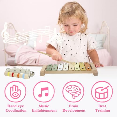 Baby Musical Instruments Montessori Wooden Toys for Toddlers, Neutral Colors Percussion Instruments Set, Modern Boho Xylophone Tambourin - Image 5