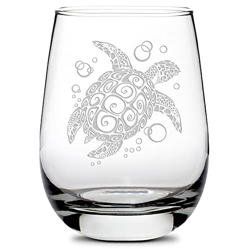 Integrity Bottles Tribal Sea Turtle Design Stemless Wine Glass, Handmade, Handblown, Hand Etched Gifts, Sand Carved, 16oz