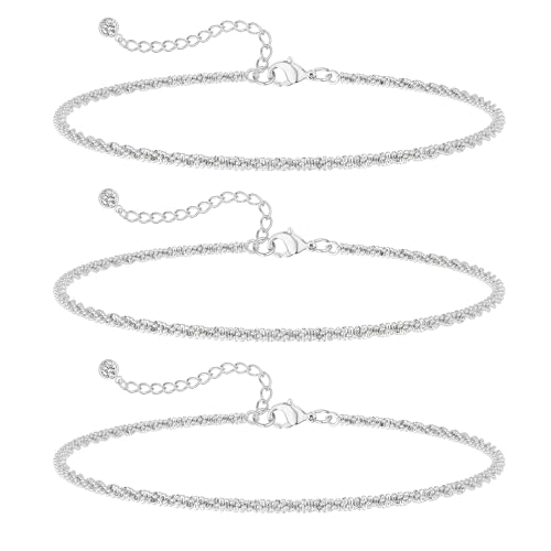 MFRYK Silver Anklets for Women, Triple Sparkle Chain Ankle Bracelets