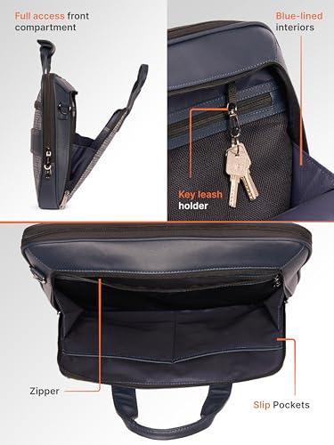 Image of ZOUK Blue Executive Laptop Bag for Men | Vegan Leather Office Briefcase with Padded 15.6 Inch Laptop Compartment, Shoulder Strap & Trolley Sleeve | Water-Resistant Work & Travel Bag |
