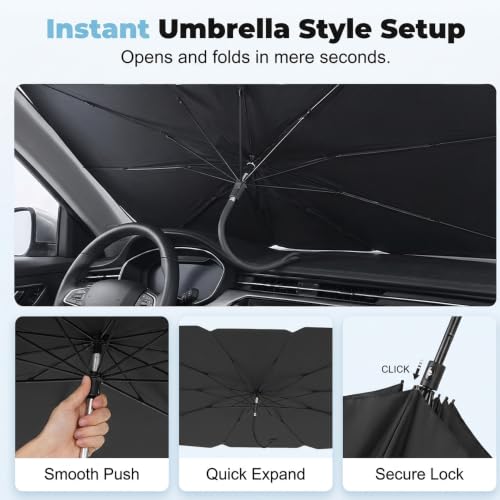 Image of Windshield Sun Shade Umbrella, Foldable Car Umbrella Sunshade with UV Block Car Front Window, Protection Front Window Sun Shield, Keeps Interior Cool, Fits Sedans SUV Trucks, Car Sun (57.08in*33.46in)