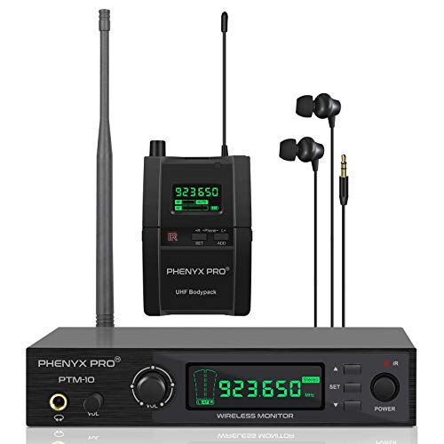 Phenyx Pro UHF Stereo Wireless in Ear Audio Monitor System, Selectable Frequency 900MHz Band, Rack Mountable, 160 ft. Operation, Ideal for Stage, Studio, Exhibit, Lecture, Speech (PTM-10)