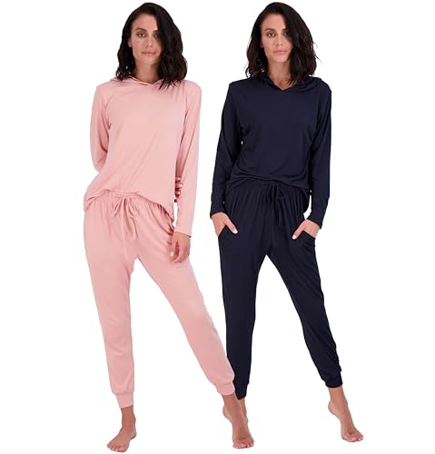Image of Real Essentials 2 Pack: Women's Soft Long Sleeve Sleep Set - Comfortable Lounge Pull Over Hoodie and Henley Jogger