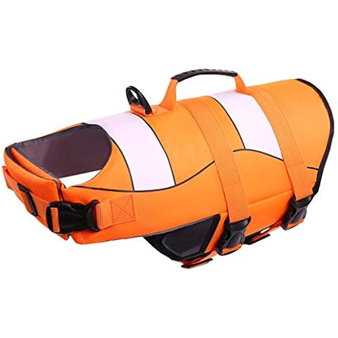 CITÉTOILE Dog Life Jacket adjustable Ripstop dog life vests for water safety pet life vest with rescue handle safety vest for swimming pool beach boating, Orange and White Stripes, M Cover
