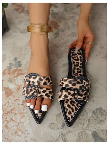 GORGLITTER Women's Leopard Print Y2k Slide Sandals Pointed Toe Studded Double Band Dressy Flats3
