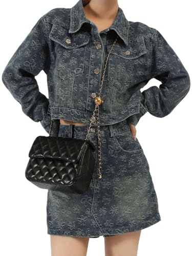 Wuitrie Womens 2 Piece Outfits Vintage Floral Denim Cropped Trucker
