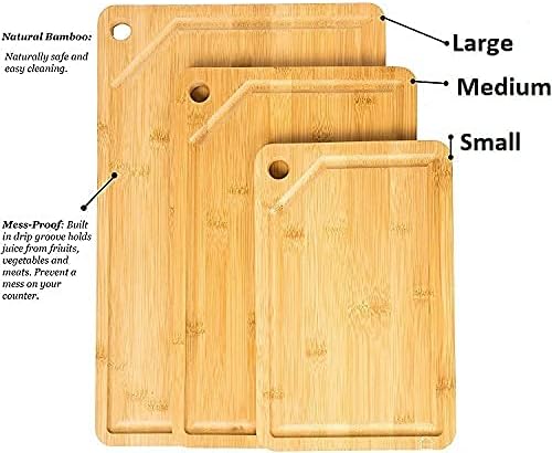 Unibos - 3 x Set of Wooden Bamboo Chopping Boards - Different Sizes for Every Occasion - Durable & Hard Wearing Designed - 100% Natural Organic Bamboo Cutting Boards - Easy to Clean