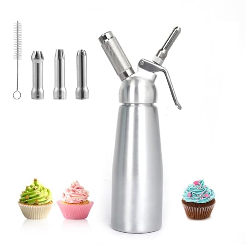 umyeoqoyo Sahnespender-250ml Sahnesyphon Edelstahl mit 3 Dekorations-Düsen und 1 Reinigungsbürsten Edelstahl Sahnespender für Cremes und Soßen