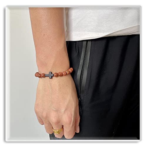 Image of Xusamss Fashion Religious Cross Bracelet 8mm Tiger Eye Turquoise Beads Elastic Bracelet,7 1 /2 wrist