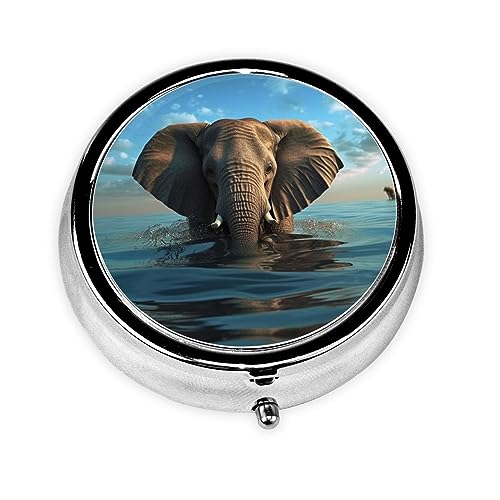 Elephant is Sitting in The Waterプリントピルボックスラウンドピルケースメディシンオーガナイザートラベルピルボックス3コンパートメントポータブルピルコンテナホルダー