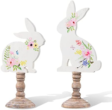 Glitzhome Set of 2 Hand Painted Easter Signs Wooden Bunny Table D...